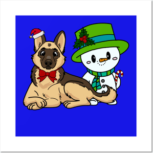 Christmas / Holiday German Shepherd and Snowman Posters and Art